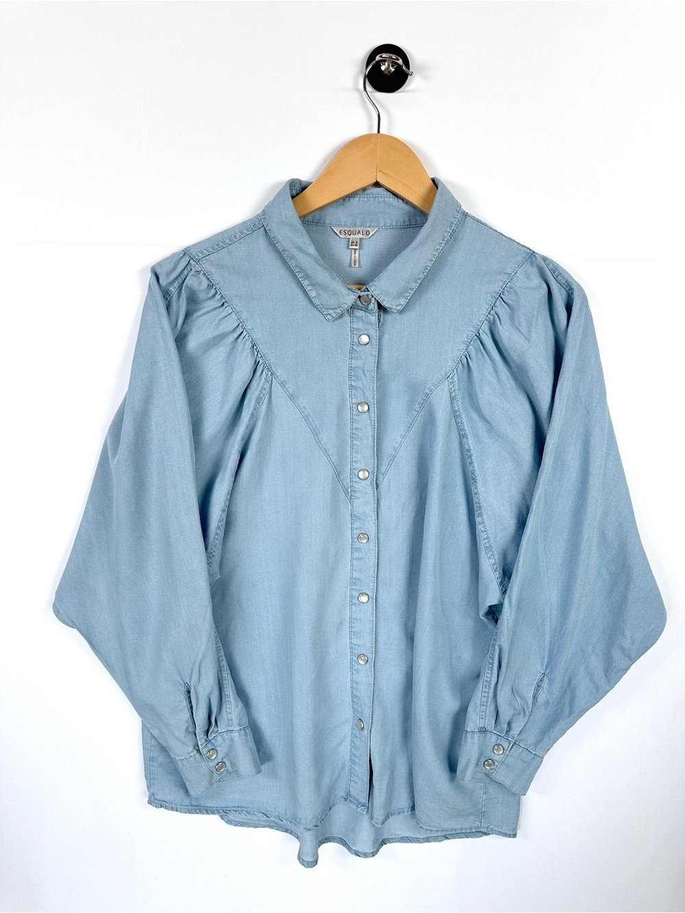 EsQualo Tencel Denim Shirt Puff Sleeve Light Wash Size 8 Minimalist Casual Top